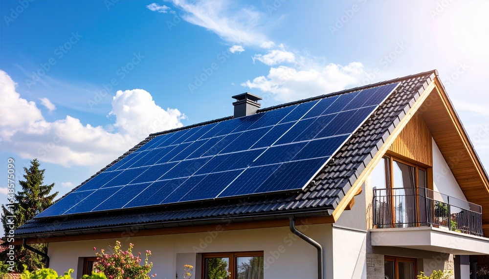 Fototapeta premium Modern home showcasing solar panels on roof, embracing sustainable energy and green living concepts