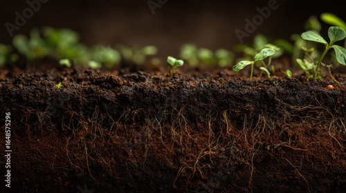 Sprouting green seedlings in fertile soil cross section growth agriculture farming gardening nature and organic plant cultivation background
