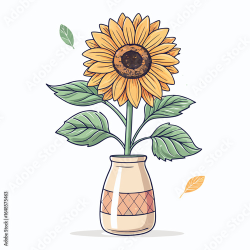 Cheerful sunflower in decorative vase radiates warmth, perfect for adding a touch of summer to any project; bring sunshine to your designs today