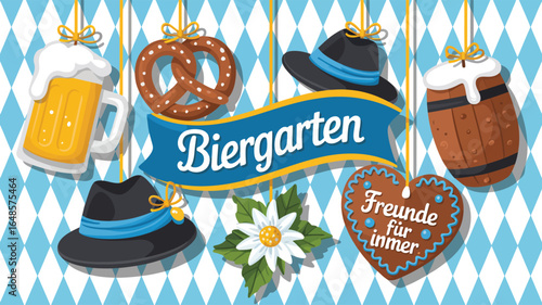 biergarten banner with beer mug, pretzel, bavarian hat, barrel, gingerbread heart and edelweiss on blue checkered oktoberfest background