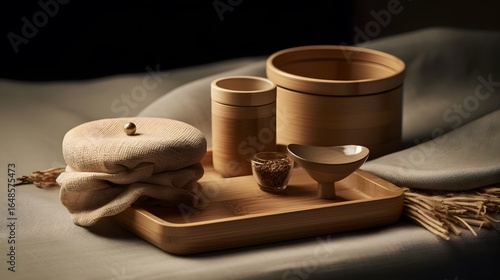 Artisanal Wooden Tableware: Intricately crafted wooden tableware are artistically arranged on a textured surface, the natural tones of the wood creating a sense of warmth and simplicity.