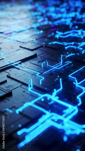 An ECU macro video of an intricate, futuristic digital neural network with pulsating electric blue and deep violet lines on polished dark surfaces, shallow depth of field, bokeh. Profound high-tech