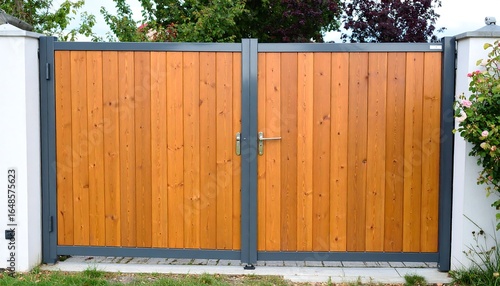 Double wooden gate with gray metal frame