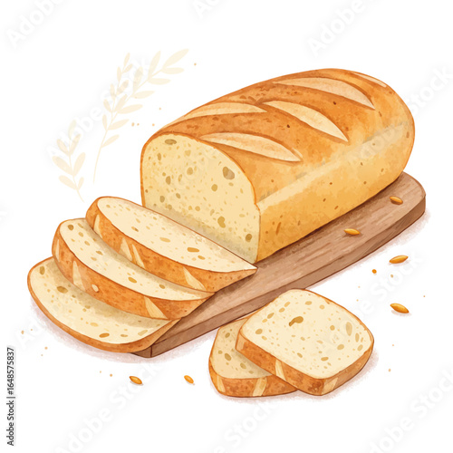 Golden loaf of sliced bread on a wooden board, freshly baked and ready to enjoy, ideal for culinary projects and delicious meal illustrations