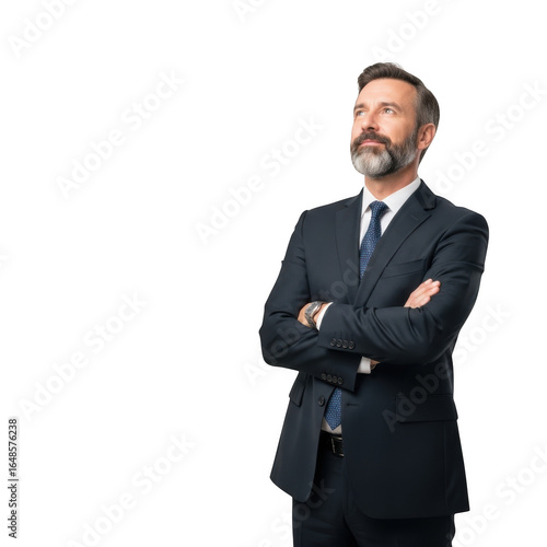Mature businessman with beard and suit arms crossed looking up isolated on transparent background