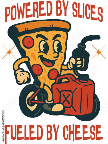 Powered by Slices Fueled by Cheese Pizza Cartoon T-Shirt – Funny Food Streetwear Graphic Tee Art & Illustration