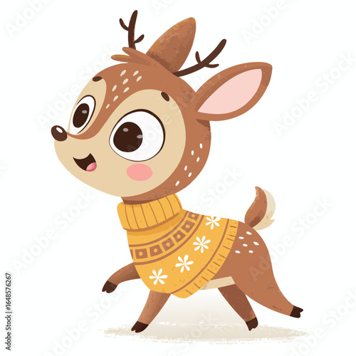 Adorable cartoon fawn prancing happily in cozy winter sweater, ready for holiday fun and seasonal cheer, perfect for kids' designs and festive greetings