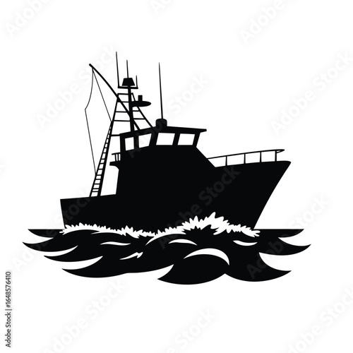 Black silhouette of a fishing boat on choppy water