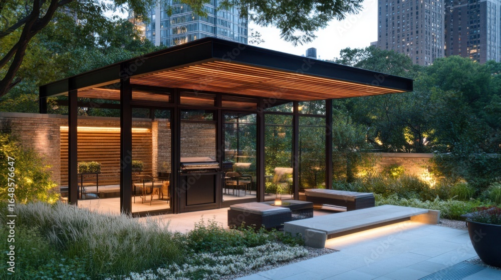 Fototapeta premium Modern rooftop garden design with slatted roof, party seating and glass room 