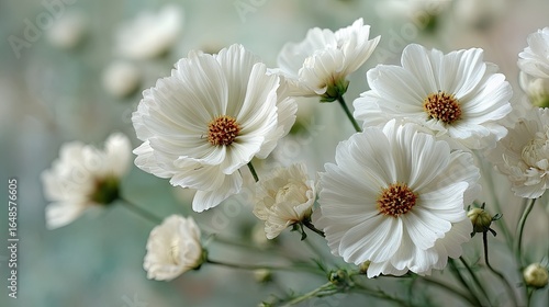 Soft white cosmos flowers in gentle light
