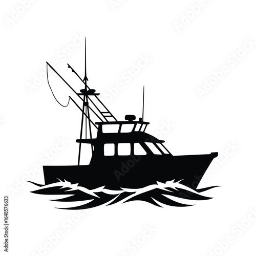 Black silhouette of a fishing boat on choppy water