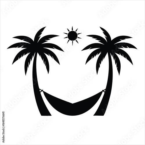 Hammock between two Palm Trees Silhouette Vector Icon on White Background