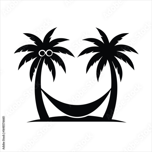 Hammock between two Palm Trees Silhouette Vector Icon on White Background