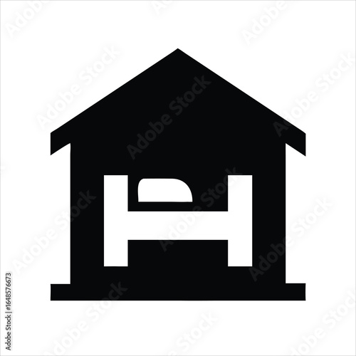 Hostel Building with a Bed Symbol Silhouette Vector Icon on White Background