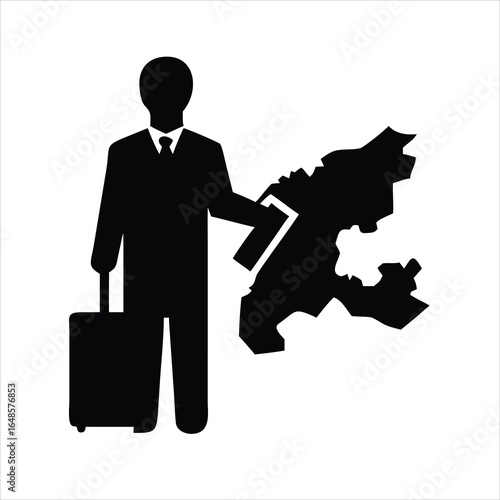 Travel Agent with a Suitcase and a Map Silhouette Vector Icon on White Background