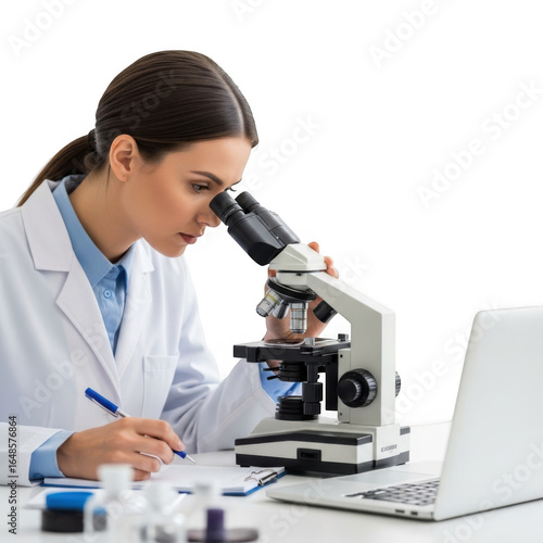Scientist in lab coat looking through microscope with laptop isolated on transparent background
