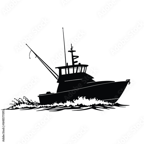 Black silhouette of a fishing boat on the water black and white