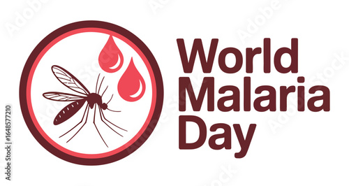 world malaria day logo with mosquito icon, red droplets and bold typography promoting global awareness, prevention and health campaign