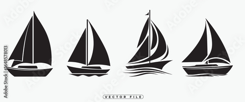 Four black silhouettes of sailboats on a white background