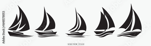 Black and white illustration of sailboats on water in a row