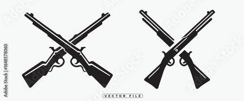 Two pairs of crossed rifles in black silhouette on white background