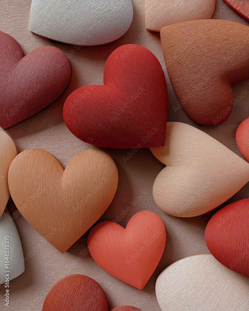 Obraz premium a visually appealing artistic composition of wooden hearts, each with unique textures and shades from light brown to deep red, creating a textured background