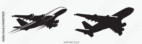 Two airplanes flying in different directions as black silhouettes on white background
