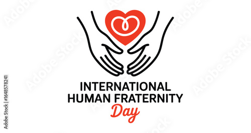 international human fraternity day logo with black hands forming heart shape, red heart and unity symbol promoting peace and solidarity
