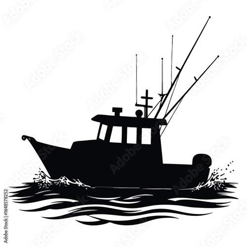 Black silhouette of a fishing boat on wavy water black and white