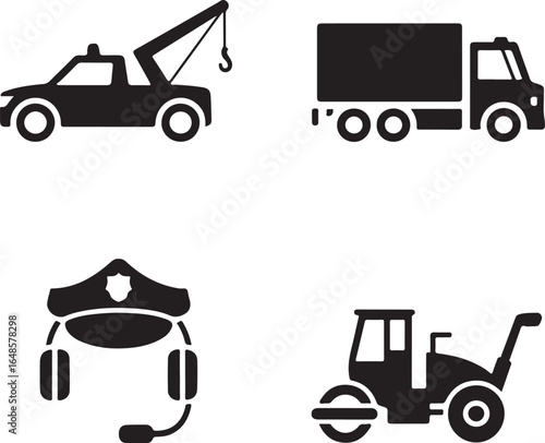 Minimalist Tow Truck and Emergency Service Icon Set – Flat Black Vector for Roadside Assistance, 24/7 Support, Vehicle Towing, Police, and Auto Repair Apps & Branding