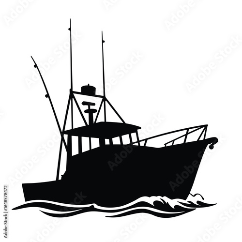 Black silhouette of a fishing boat on white background