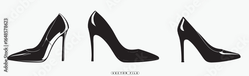 Black high heel shoes in different angles on white background