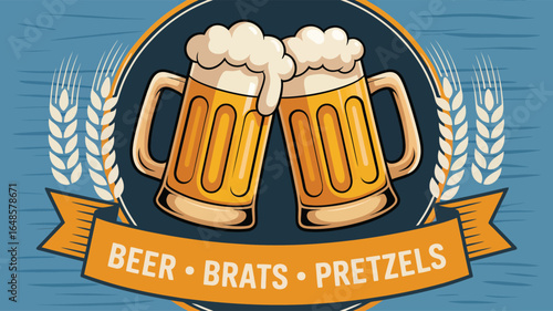 beer mugs clinking with foam and wheat stalks in circular design, banner text beer brats pretzels for oktoberfest celebration theme