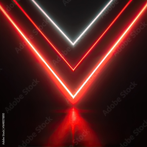 Neon red and white V-shaped lights on dark background