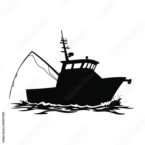 Black silhouette of a fishing boat with a rod black and white