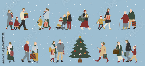 冬服の男女・家族・高齢者の買い物イラストセット/Winter Shopping People Set – Christmas Scene with Snow Background