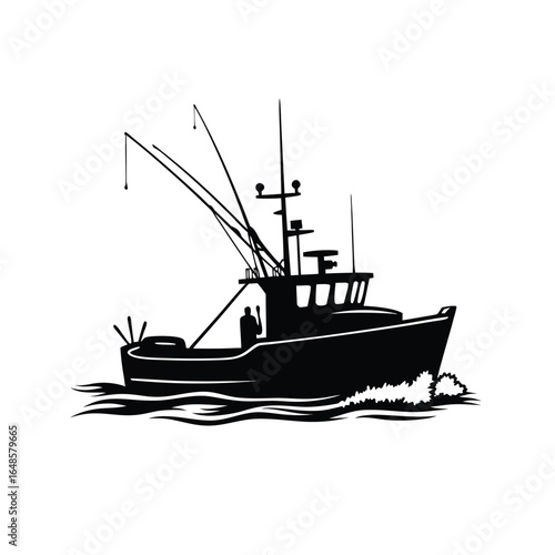 Black silhouette of a fishing trawler boat at sea fishing boat