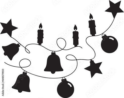 Festive Christmas Lights Decoration with Bells Stars Ornaments and Candles in Black and White