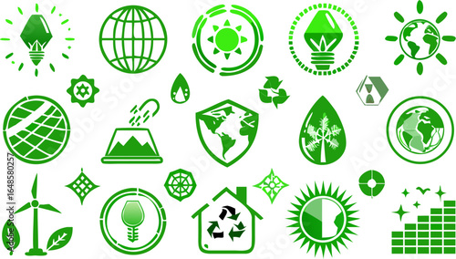 Collection of green ecological icons representing sustainability and environmental awareness concepts design silhouette