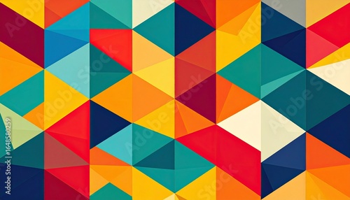 Abstract geometric background featu a colorful mosaic of triangles with vibrant shades of red, yellow, blue, and orange creating a modern polygonal design.