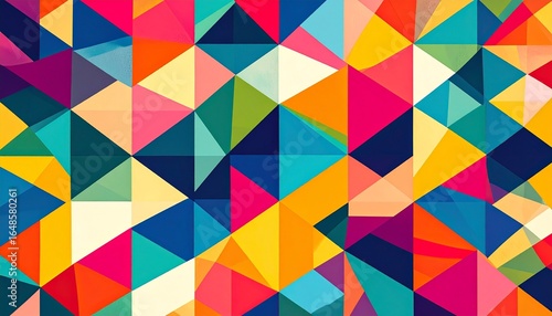 An abstract background showcases a vibrant multicolored geometric design filled with colorful triangles in an eye-catching contemporary and artistic style design.