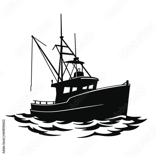 Black silhouette of a fishing trawler on choppy water
