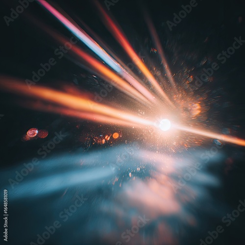 Abstract vibrant light streaks radiating from a central point against a dark background