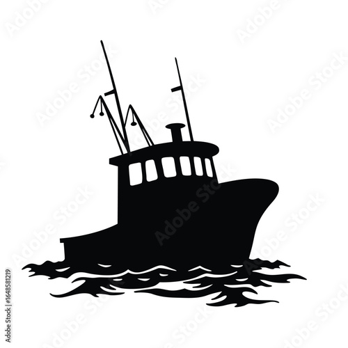Black silhouette of a fishing trawler on wavy water