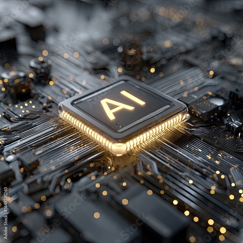 Close-up of a circuit board with a central AI chip glowing