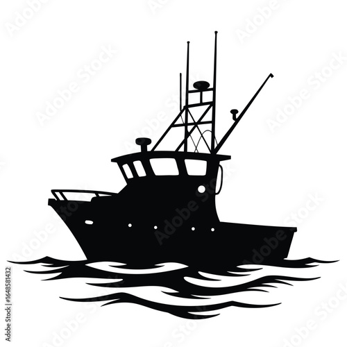 Black silhouette of a fishing trawler on wavy water