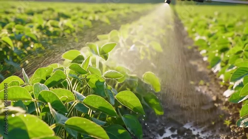 Irrigating Green Soybean Field with Sprinkler System in Farmland Under Sunlight