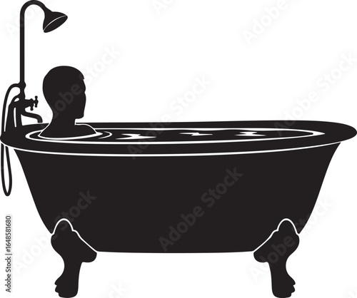 Silhouette of a person relaxing in a vintage bathtub under a shower head promoting calm and selfcare