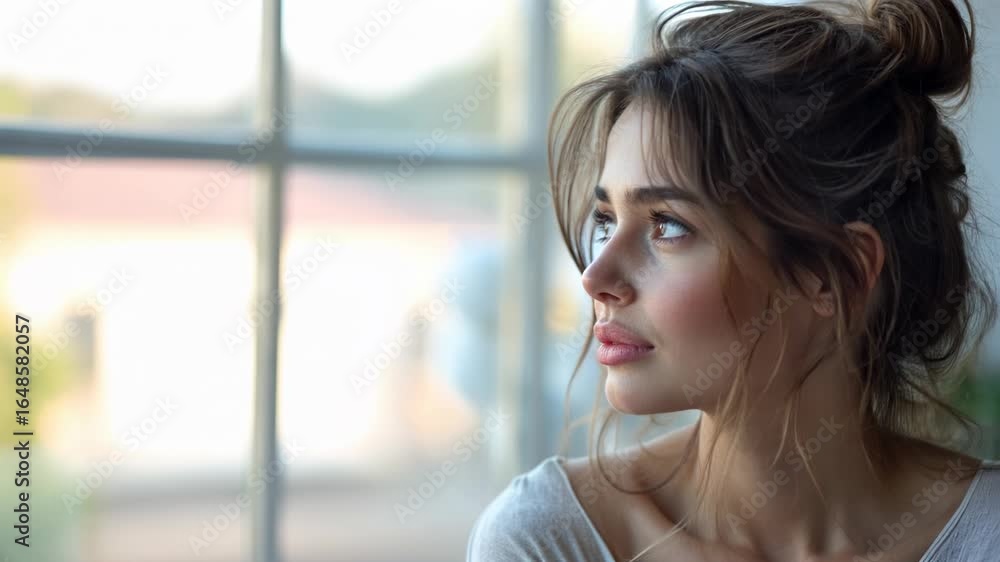 A pensive young woman gazes out of a window, lost in thought, bathed in natural light. A pensive young woman gazes out of a window, lost in thought, bathed in natural light.