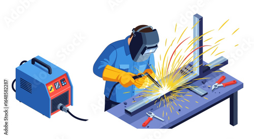 Welder in Protective Gear Arc Welding Metal